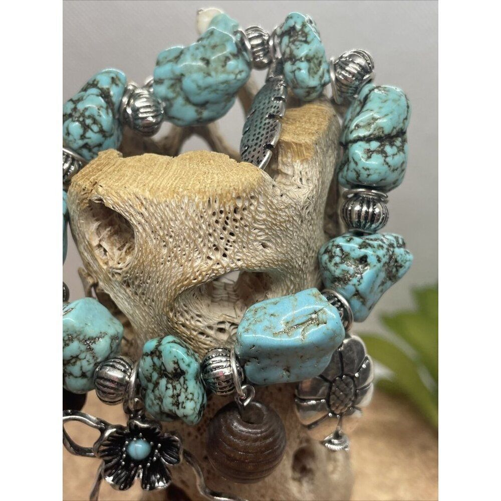 Turquoise Nugget Stretch Bracelet Feather Cactus Cow Western Bead Wood Flower - Picture 11 of 15